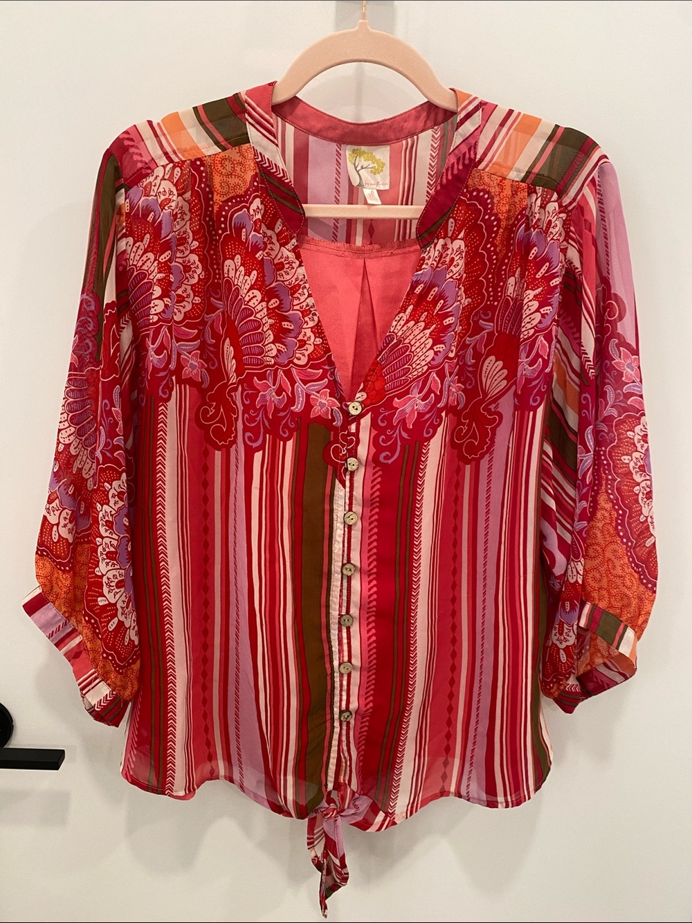 Fig and Flower Boho Women’s Red Floral Stripe Button-Front Blouse XL